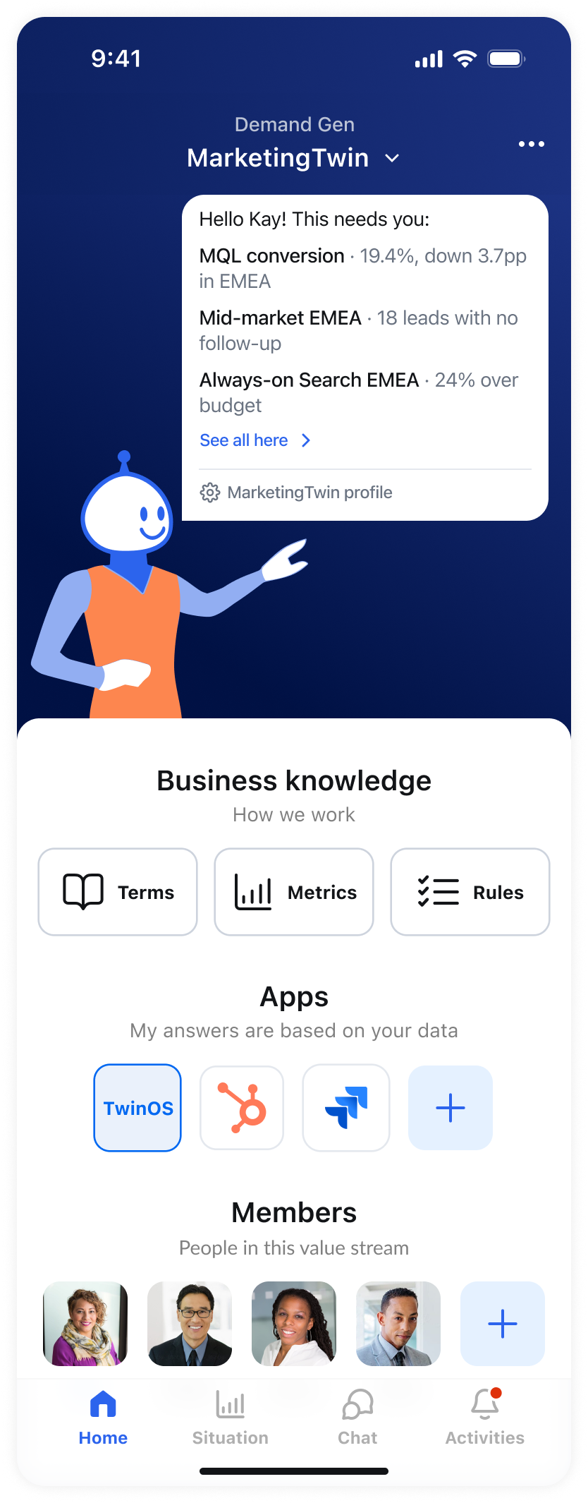 MarketingTwin home screen flagging the marketing goals that need attention