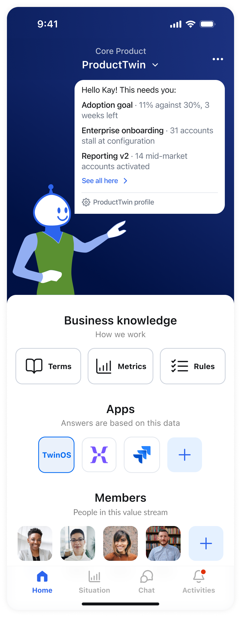 ProductTwin home screen flagging the product goals that need attention