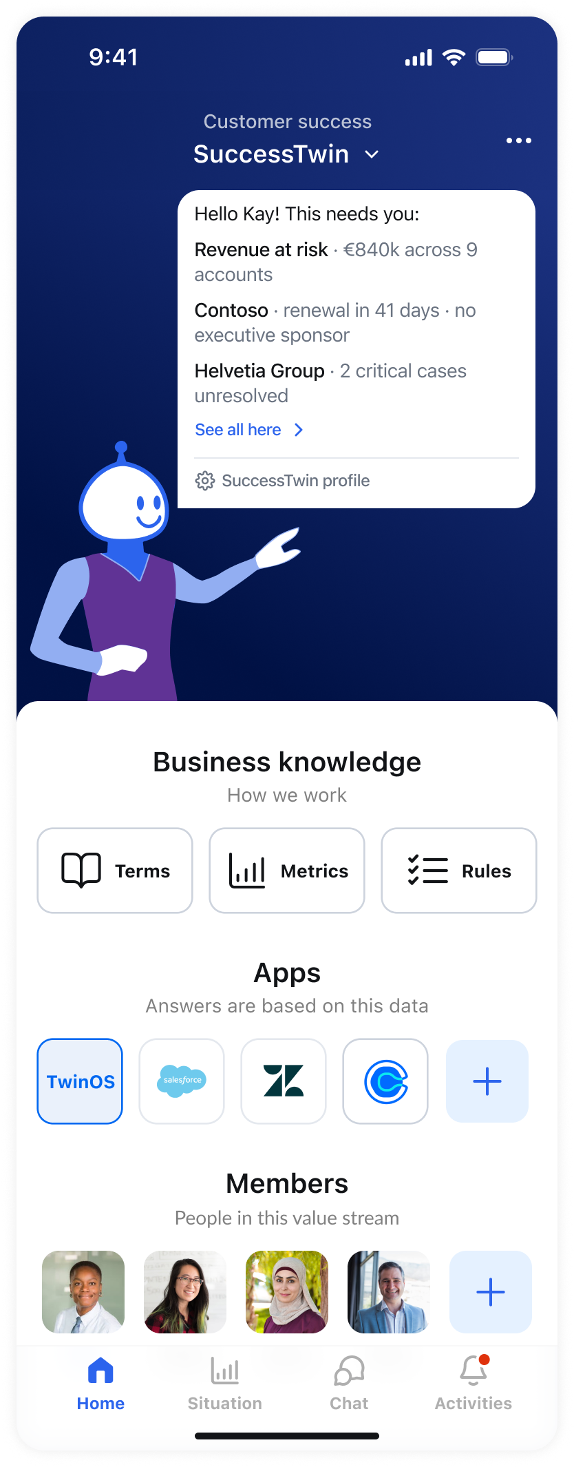 SuccessTwin home screen flagging revenue at risk across nine accounts
