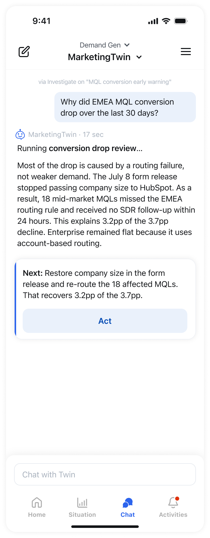 MarketingTwin proposing a plan and asking for approval